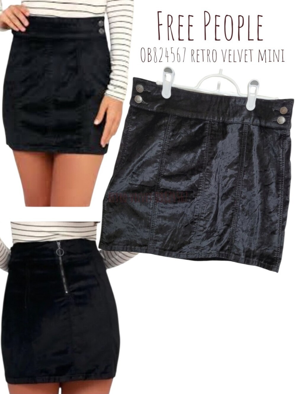 Free People Women's Retro Velvet Mini Skirt OB824567 Black Back Zip 29